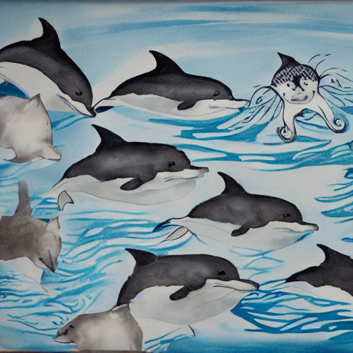 イルカの群れと泳ぐ猫の水墨画